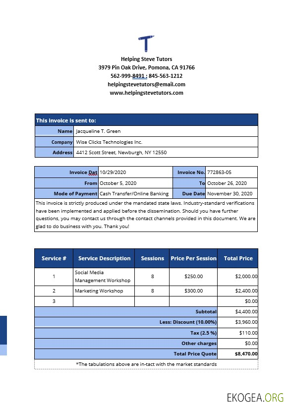 Modèle de facture de travail indépendant à domicile